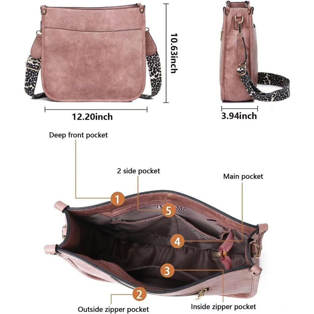 Women’s Pink Leather Purse Zipped Pockets Crossbody Bag and Shoulder Bag - Picture 3 of 6